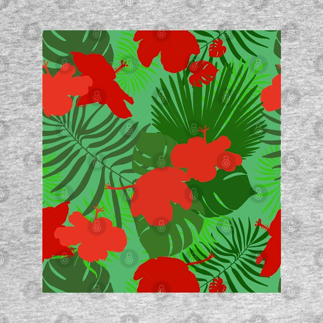 Hand drawn hibiscus, tropical leaves red and green pattern by GULSENGUNEL